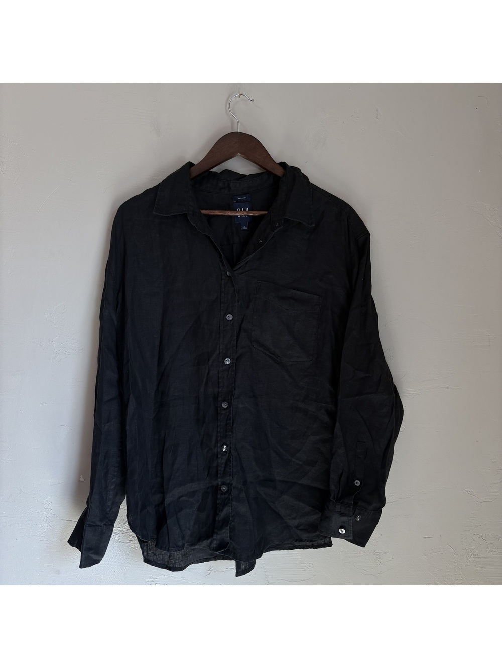 GAP 100% Linen Button Down Shirt Womens Large Black Long Sleeve Boyfriend Fit
